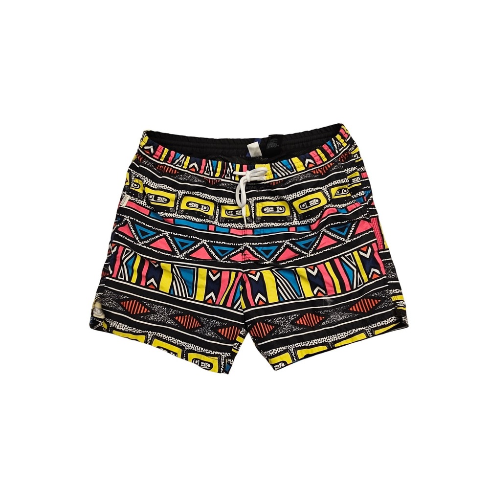 H&M Divided Mens Retro 90s Cassette Tape Print Swim Trunks Shorts Black Medium